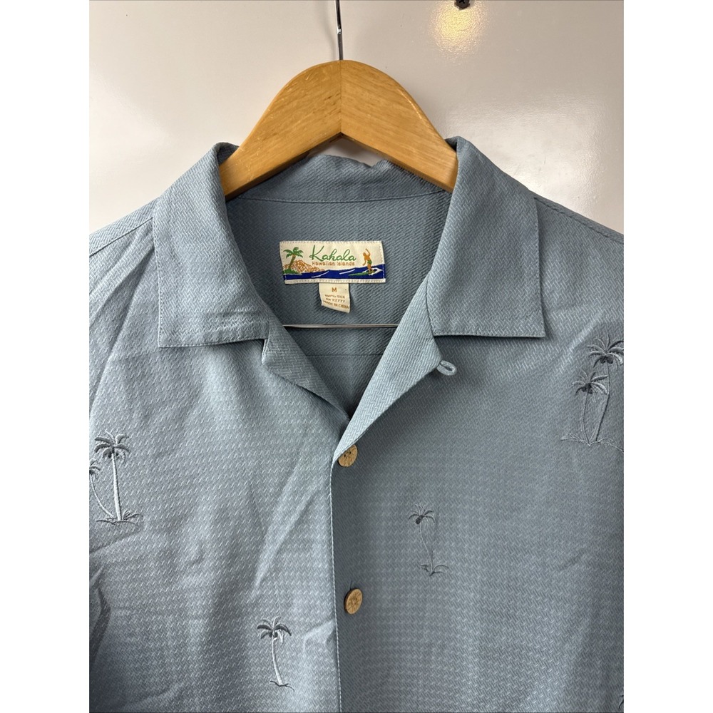 Kahala Hawaiian Islands 100% Silk Shirt Mens Blue Embroidered Palm Trees Size M